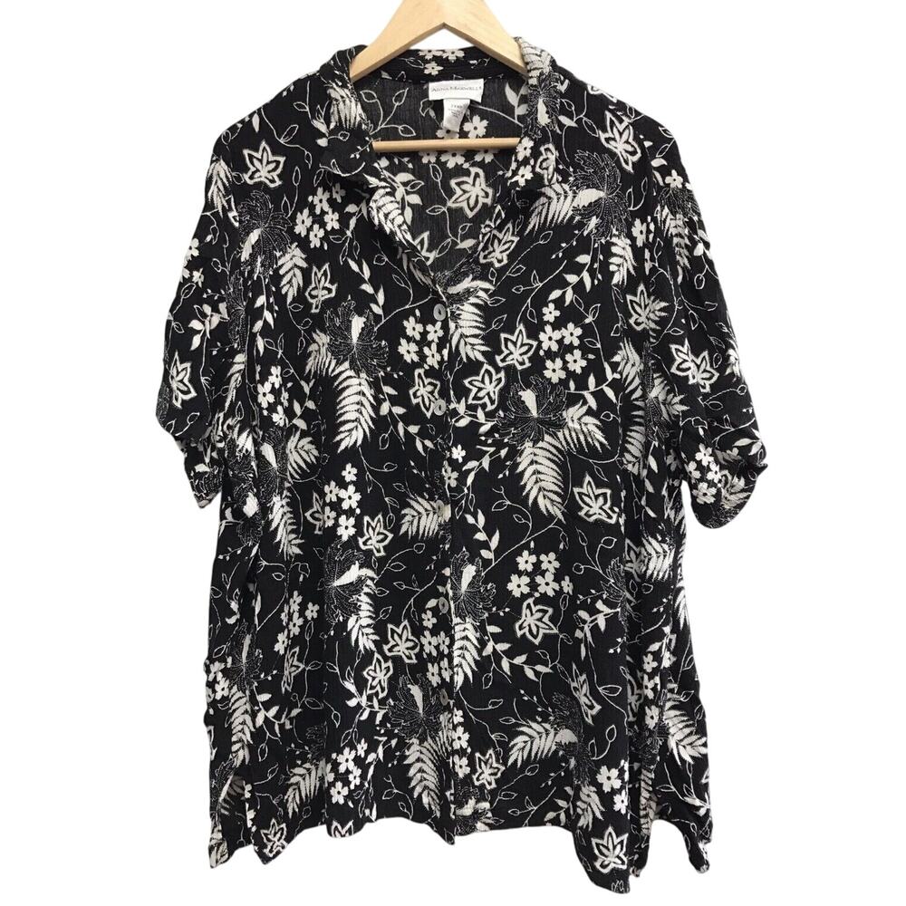 Anna Maxwell Top Womens 2X Petite Floral Black White